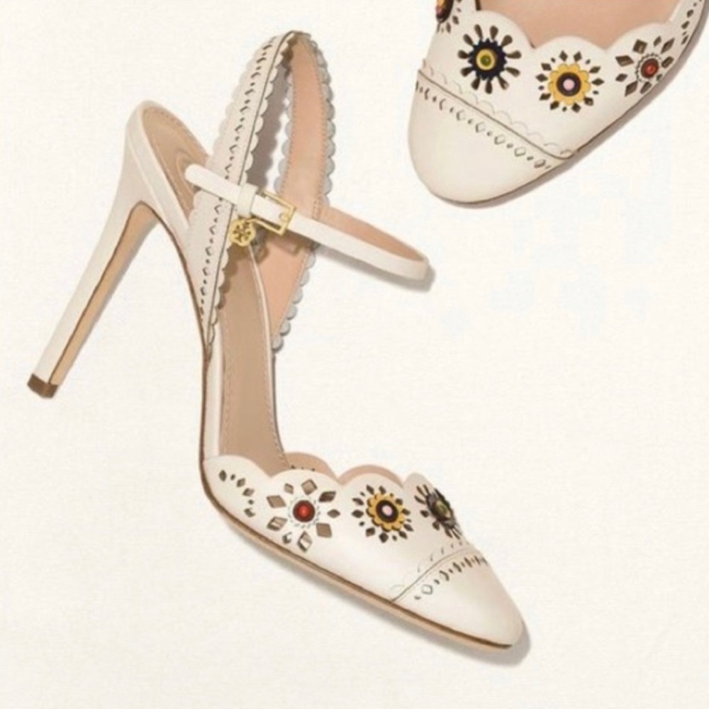 EUC Tory Burch Marguerite Perforated 105mm Slingback Heels - Ivory, Size 10